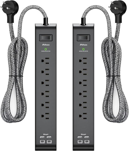 2 Pack 15FT Surge Protector Power Strip, Long Extension Cord with 6 Outlets 4 USB Ports, Flat Plug, 900 Joules, Wall Mount for Home Office Dorm