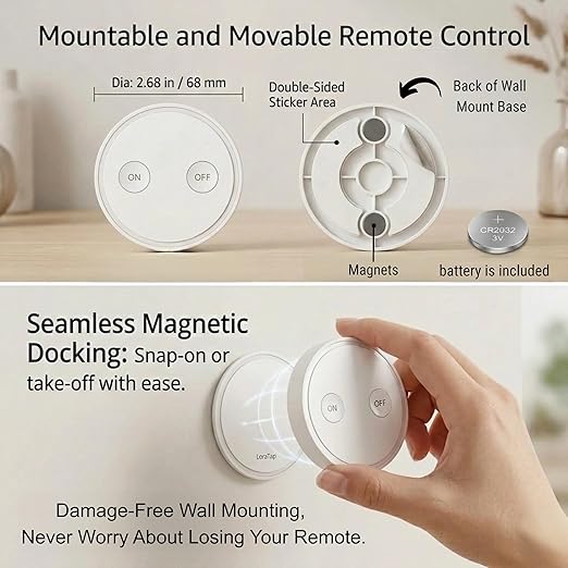 LoraTap Wireless Outlet - Ergonomic Round Remote (Comfort Grip!) + Magnetic Wall Base - Stick & Grab, No Wall Damage - 15A/1875W 100ft Range - Control for Hard-to-Reach Sockets, No More Bending