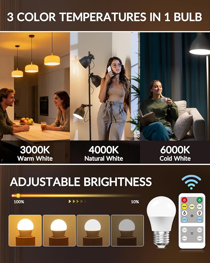 E26 LED Light Bulb with Remote Control, 3 Colors (3000K-6000K) E26 Dimmable Light Bulb for Living Room Bedroom, Remote Control Light Bulbs with Timing, Memory Function (2-Pack)