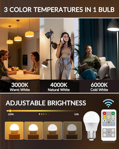 E26 LED Light Bulb with Remote Control, 3 Colors (3000K-6000K) E26 Dimmable Light Bulb for Living Room Bedroom, Remote Control Light Bulbs with Timing, Memory Function (2-Pack)