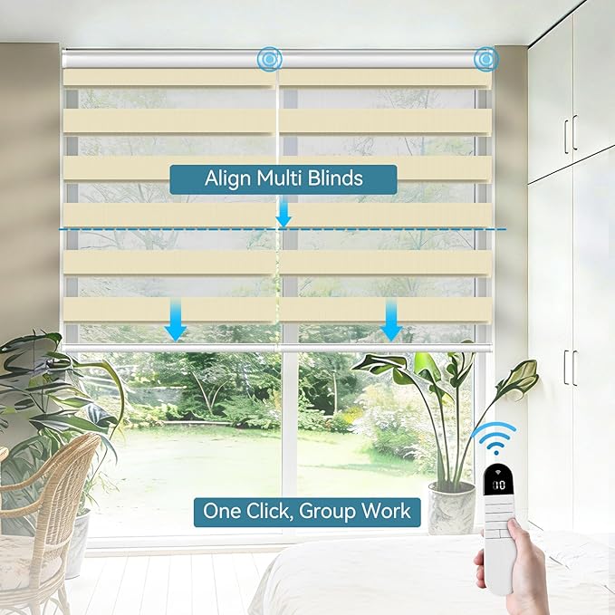 Interior Window Shades, Smart Dual Layer Light Filtering Blinds Compatible with Alexa & Google Home, Customized Size Cordless Electric Window Shades, (Beige, 70% Blackout)