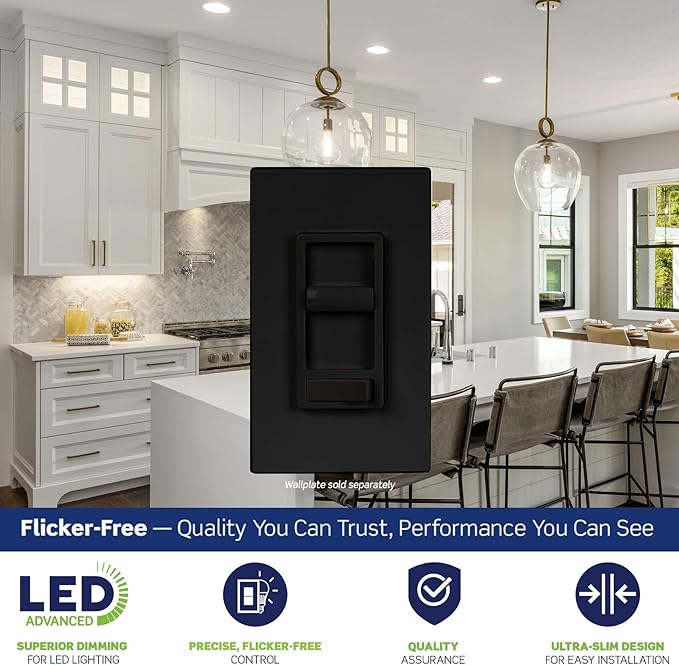 Leviton SureSlide LED Advanced Dimmer Switch for 150W Dimmable LED, Halogen and Incandescent Bulbs and Fixtures, 66741-E, Black