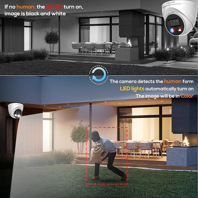 VIKYLIN 8MP IP POE AI Camera, Active Deterrence, 4K @30fps 98ft Night Color Vision F1.0,Vehicle & Human Detection, 2-Way Audio,SD(256GB),IP67 Security Wizsense Outdoor Turret Camera(VK3849)