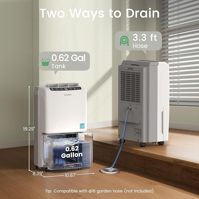 Waykar 34 Pints 2025 Most Efficient Energy Star Dehumidifier for Home & Basement, Ideal for Spaces up to 2,000 Sq. Ft. with Auto or Manual Drainage, 0.62-Gallon Water Tank