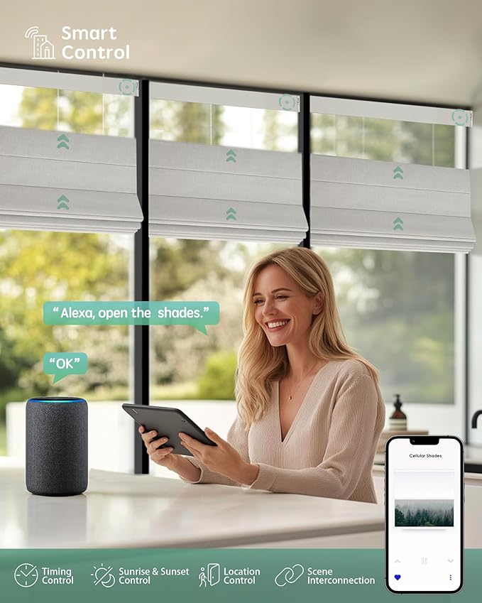 Yoolax Smart Top Down Bottom Up Roman Shades, Motorized Roman Shades with Remote, Blackout Smart Blinds Compatible with Alexa, Google Home, Apple Homekit for Living Room, Customized (Texture White)