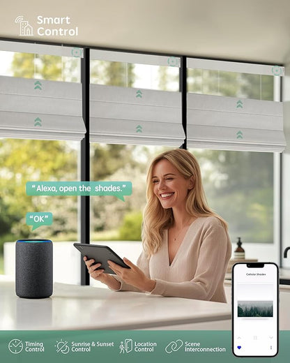 Yoolax Smart Top Down Bottom Up Roman Shades, Motorized Roman Shades with Remote, Blackout Smart Blinds Compatible with Alexa, Google Home, Apple Homekit for Living Room, Customized (Texture White)