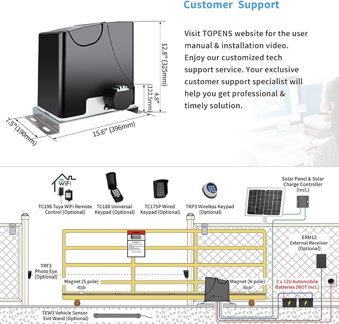 TOPENS DK1000S Solar Sliding Gate Opener Rack Drive Automatic Gate Motor for Heavy Driveway Slide Gates Up to 1800 Pounds, Electric Gate Operator Battery Powered with Solar Panel Remote Control Kit