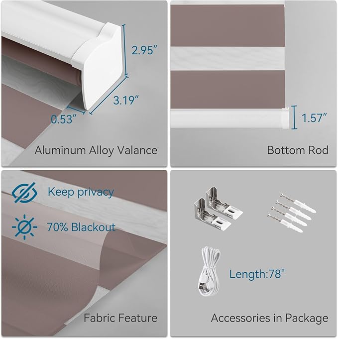Interior Window Shades, Smart Dual Layer Light Filtering Blinds Compatible with Alexa & Google Home, Customized Size Cordless Electric Window Shades, (Brown, 70% Blackout)