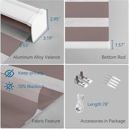 Interior Window Shades, Smart Dual Layer Light Filtering Blinds Compatible with Alexa & Google Home, Customized Size Cordless Electric Window Shades, (Brown, 70% Blackout)