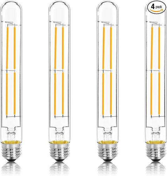 8.9IN LED Light Bulbs E26 Base, 6W 800LM 2700K Soft White T10 T9 Vintage Edison Bulbs Dimmable, AC 120V Equal 80 Watt Clear Glass Long Tubular Filament Bulb, UL Certified - 4Pack