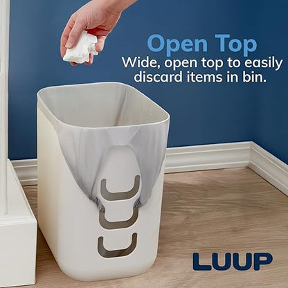 STORi Luup Bathroom Wastebasket 2pk, Secure Grocery Bags, Plastic Garbage Container for Vanity, Laundry Room, Kitchen, Office, 2.5 Gallon, White, Made in USA