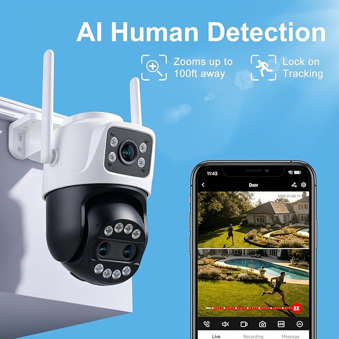Outdoor Camera 3 Lens, 8X Hybrid Zoom WiFi Security Cameras Wired 24/7 Recording, Pan/Tilt 360°View Auto Tracking, Free AI Detection, Color Night Vision, 2 Way Audio, 32GB Local Storage
