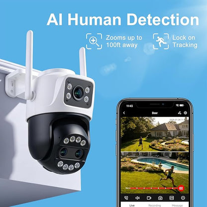 Outdoor Camera 3 Lens, 8X Hybrid Zoom WiFi Security Cameras Wired 24/7 Recording, Pan/Tilt 360°View Auto Tracking, Free AI Detection, Color Night Vision, 2 Way Audio, 32GB Local Storage