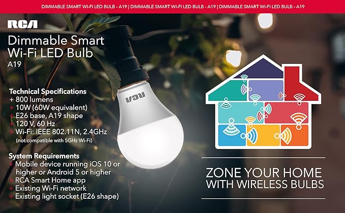 RCA Smart Light Bulbs, WiFi LED Light Bulb, Dimmable LED Lights, Dimmable 800 Lumens 10W (60W EQ A19), Compatible with Alexa and Google, Control from Anywhere with Smartphone, 2700K Soft White, 2-PK