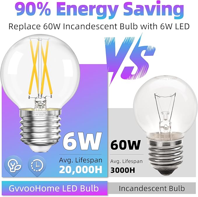 GvvooHome G16.5 LED Bulb Dimmable, 6W, 60 watt Equivalent, 4000K Neutral White E26 Globe Bulb, Round Edison Bulbs for Ceiling Fan, Pendant, Chandeliers, 90+CRI 600LM, 6 Pack