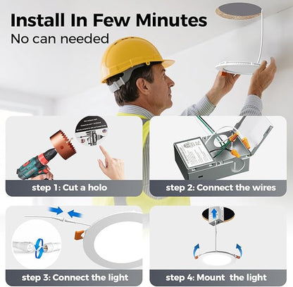 CHARKEE 36 Pack 6 Inch 5CCT Ultra-Thin LED Recessed Ceiling Light with Junction Box, 2700K-5000K, 1050LM High Brightness, Dimmable Canless Wafer Downlight,12W Eqv 110W, ETL & Energy Star & FCC
