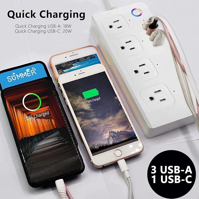 ZigBee Smart Plug Power Strip, Surge Protector with 4 Individually Controlled Smart Outlets and 4 USB Ports, 5FT Flat Extension Cord, Only for 2.4 GHz Wi-Fi, Compatible with Alexa & Google Home