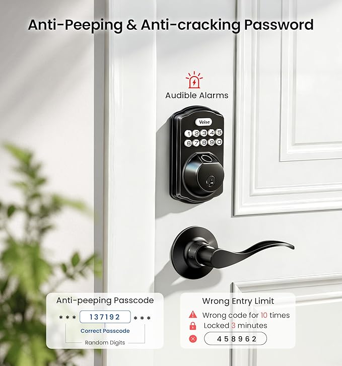Veise KS02A Fingerprint Keyless Entry Door Lock, Auto Lock, Electronic Keypad Deadbolt for Front Door, Biometric, Anti-Peeping Password, Easy Install, Satin Nickel