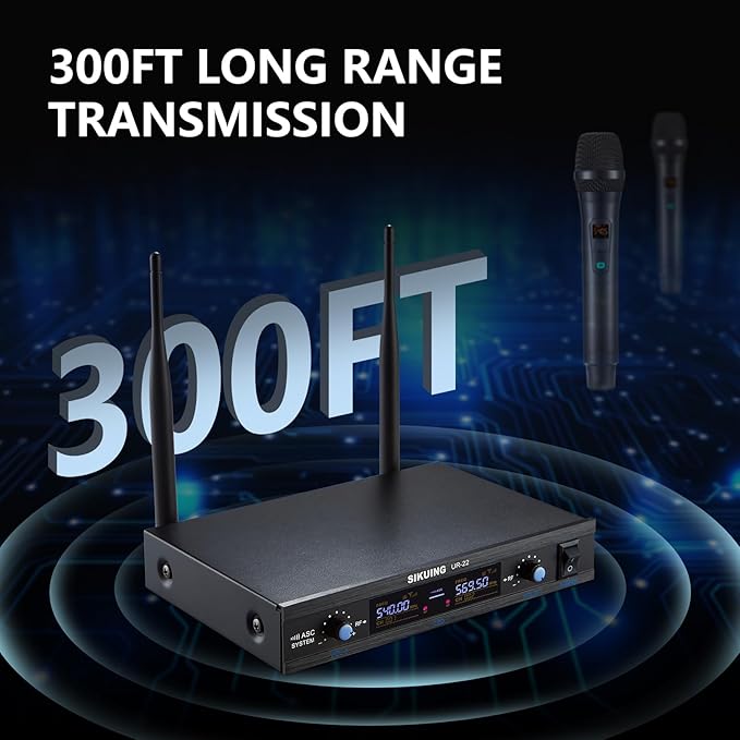 Wireless Microphone System, Metal Dual Pro UHF Cordless Dynamic Mic, 2x30 Adjustable Frequencies, Handheld Microphone System for Home Karaoke, Meeting, Church, 300ft Range (2 Handheld)
