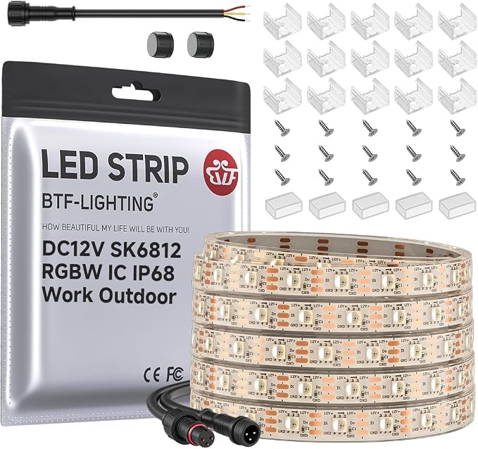 BTF-LIGHTING RGB+Warm White SK6812 LED Strip 16.4FT 300LED DC12V IP68 | Waterproof RGBW Individually Addressable UL Listed 4 Colors in 1 Light (Similar WS2812B) White PCB(No Adapter or Controller)