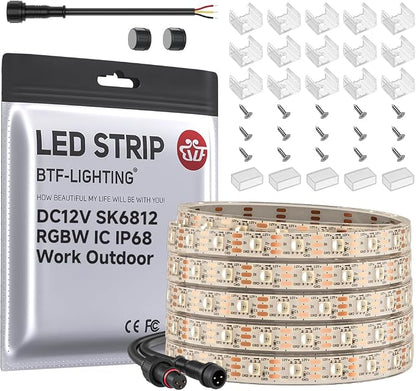 BTF-LIGHTING RGB+Warm White SK6812 LED Strip 16.4FT 300LED DC12V IP68 | Waterproof RGBW Individually Addressable UL Listed 4 Colors in 1 Light (Similar WS2812B) White PCB(No Adapter or Controller)
