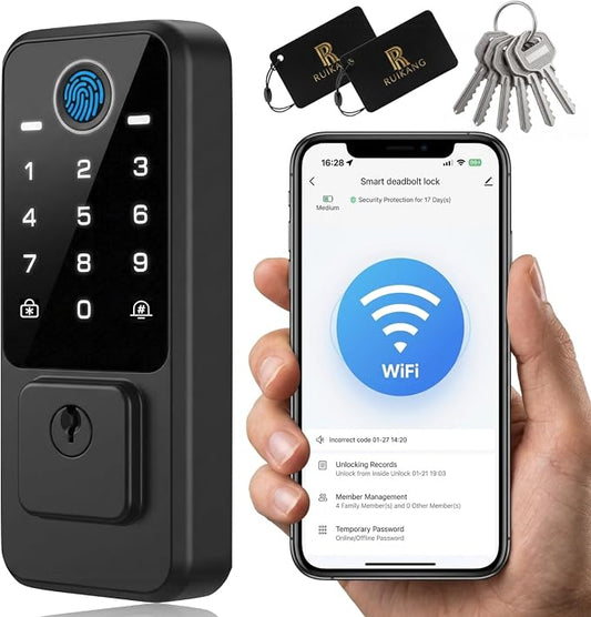 WiFi Smart Door Lock - Keyless Entry Door Lock for Front Door, Fingerprint Door Lock with App Control, 5-in-1 Touchscreen Deadbolt with 6 Keys & 2 NFC Cards, Built-in 2.4G WiFi