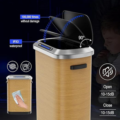 pouseayar 13 Gallon Smart Automatic Trash Can with Lid, Stainless Steel Thickened Body & Super Mute Sensor Lid with 30 Count Garbage Bags for Kitchen Office Bedroom Waste Bin and More - Wood Color