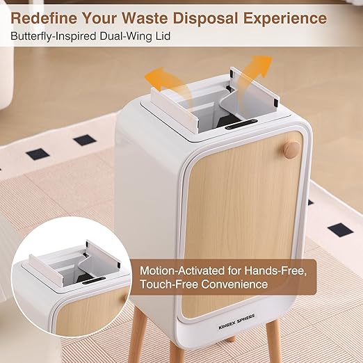 Motion Sensor Touchless Trash Can for Living Room Bedroom, 5.3 Gallon/20L Automatic Stainless Steel Slim Tall Garbage Can with Butterfly Lid&Legs, Wood Color