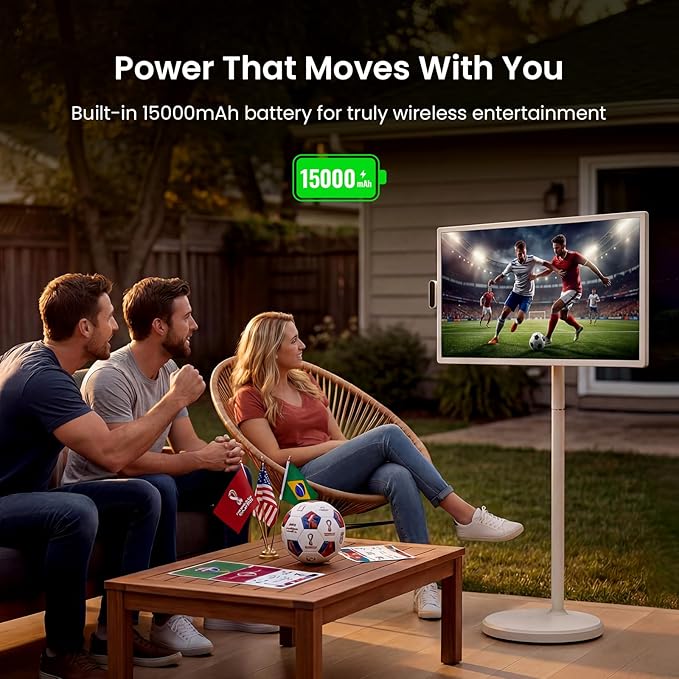 ApoloSign 32 Inch FHD Smart Portable TV on Wheels, Android 16 EDLA Certified, 128GB Storage, Built-in 15000mAh Battery, Voice Remote, Touch Screen TV with Rolling Stand for Home, Office - Gen2