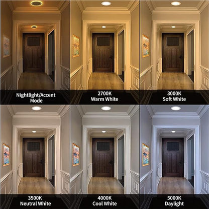 Meconard 4 Pack 6 Inch 5CCT LED Recessed Ceiling Light with Night Light, 2700K/3000K/3500K/4000K/5000K Selectable Ultra-Thin Dimmable Canless Wafer Downlight, 12W=110W, 1050LM, Black Trim