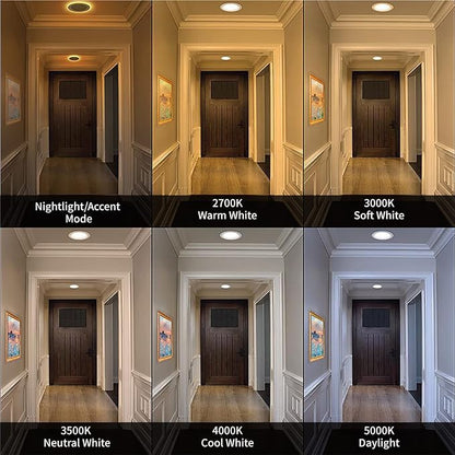 Meconard 4 Pack 4 Inch 5CCT LED Recessed Ceiling Light with Night Light, 2700K/3000K/3500K/4000K/5000K Selectable Ultra-Thin, 9W=75W, 750LM, Dimmable Canless Wafer Downlight, Black Trim