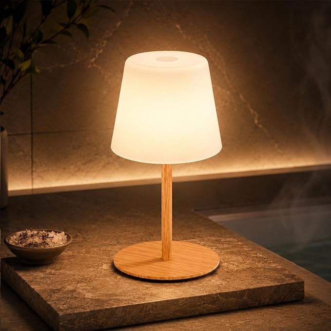 IP65 Waterproof Shower Lamp, Cordless Rechargeable Table Lamp, Wood Grain | 4000mAh Battery Operated Lamp, Spa-Like Glow for Showers, Vanity, Bedside and Patios; 3 Color Temperatures, Touch Dimming