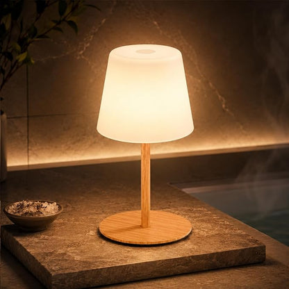 IP65 Waterproof Shower Lamp, Cordless Rechargeable Table Lamp, Wood Grain | 4000mAh Battery Operated Lamp, Spa-Like Glow for Showers, Vanity, Bedside and Patios; 3 Color Temperatures, Touch Dimming