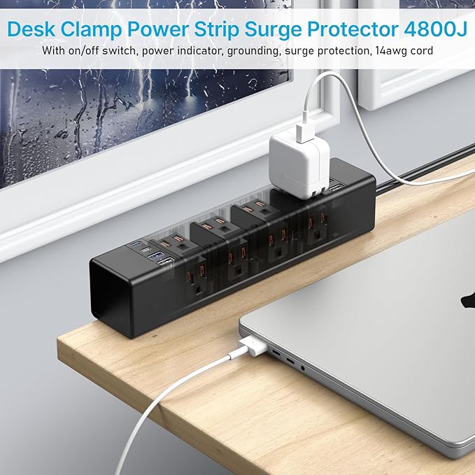 CCCEI Desk Outlet Station 20W USB C Port. 12 Outlet Desktop Clamp Power Strip Surge Protector 4800J with Switch. Nightstand Office Standing Desk Accessories, Fit Thicker Table Edge or Screw Mount, 4FT