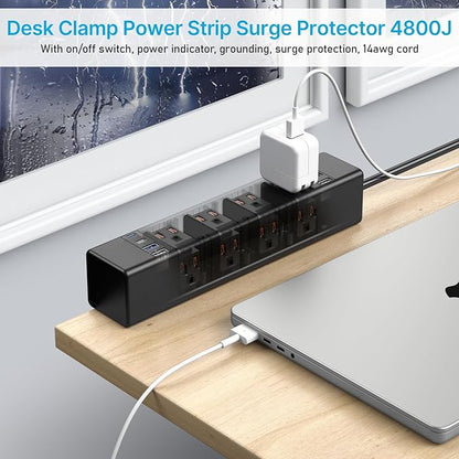 CCCEI Desk Outlet Station 45W USB C Port. 12 Outlet Desktop Clamp Power Strip Surge Protector 4800J with Switch. Nightstand Office Standing Desk Accessories, Fit Thicker Table Edge or Screw Mount, 4FT
