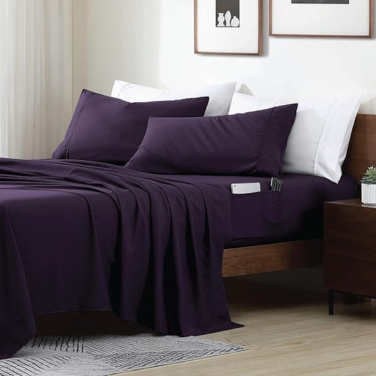 Swift Home Smart Sheets, Ultra Soft Brushed Microfiber 3-Piece Sheet Set, Fitted Bed Sheet with Side Storage Pockets – Eggplant, Twin