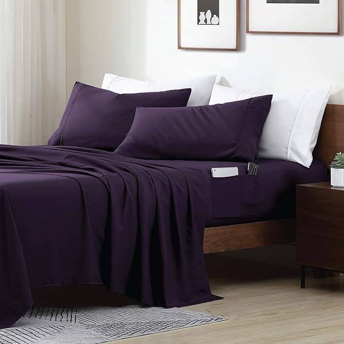 Swift Home Smart Sheets, Ultra Soft Brushed Microfiber 4-Piece Sheet Set, Fitted Bed Sheet with Side Storage Pockets – Eggplant, Queen