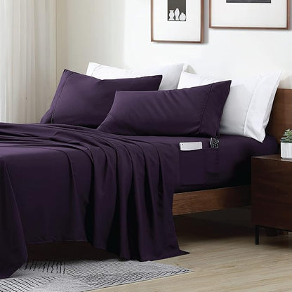 Swift Home Smart Sheets, Ultra Soft Brushed Microfiber 4-Piece Sheet Set, Fitted Bed Sheet with Side Storage Pockets – Eggplant, Queen