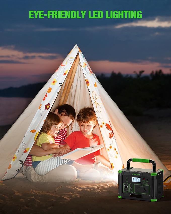 GRECELL 999Wh Solar Generator 1000W Portable Power Station for Outdoor