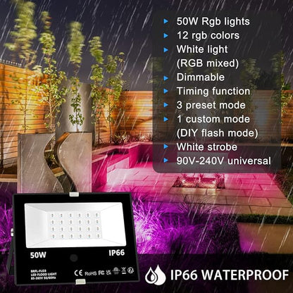 MELPO Led Flood Light Outdoor, 50W RGB Color Changing Landscape Lighting | Remote Control, Timing - 12 Colors - 4 Modes, IP66 Waterproof, US 3-Plug, MELPO (Pack of 6)