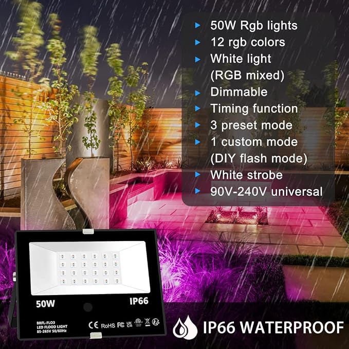 MELPO Led Flood Light Outdoor, 50W RGB Color Changing Landscape Lighting | Remote Control, Timing - 12 Colors - 4 Modes, IP66 Waterproof, US 3-Plug, MELPO (Pack of 4)