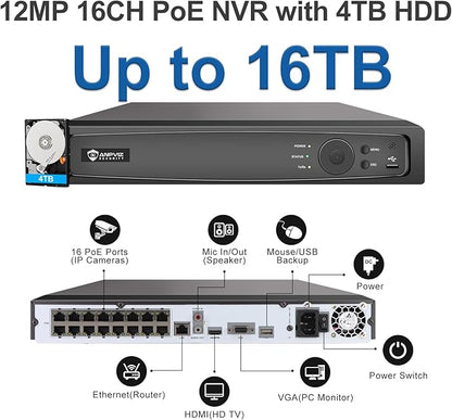 Anpviz 16CH 4K PoE Security Camera System Commercial, 16pcs H.265+ Wired 8MP IP Cameras Outdoor with Mic, Smart Color Night Vision, 12MP/8MP 16Channel PoE NVR with 4TB HDD for 24/7 Recording（H Series）