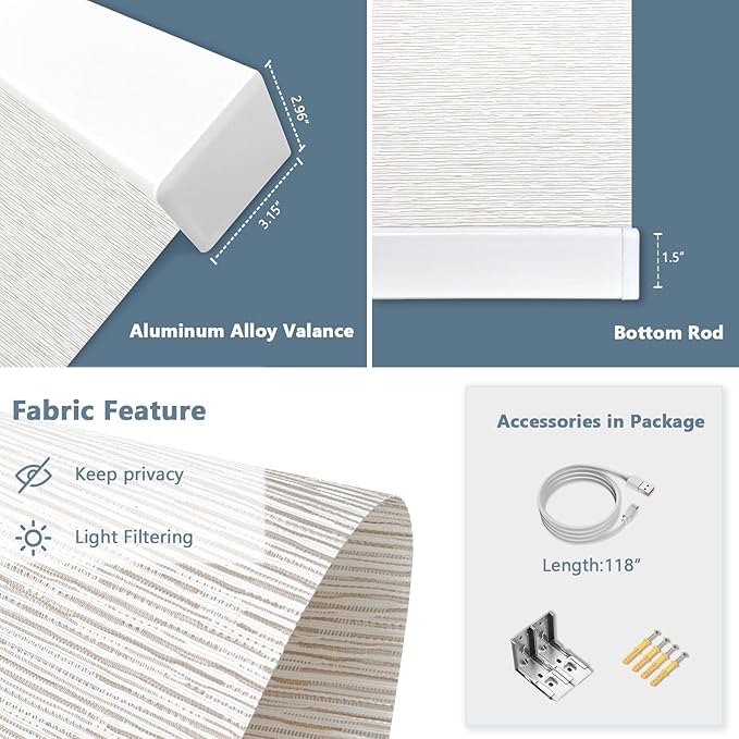 Motorized Blinds with Remote Cordless Automatic Motorized Shades Custom Blinds for Windows Smart Curtains Compatible with Alexa Google Home(Light Filtering Jacquard Beige,W36 x H72in)
