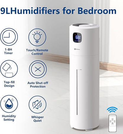 Akeshan Large Humidifiers for Bedroom, 9L/2.5Gal Ultrasonic Cool Mist, Top Fill Easy Clean with 350ML/H Mist Speed, Quiet, Suitable for Kids Room Plant Yoga Office Study Room Living (White, Round)