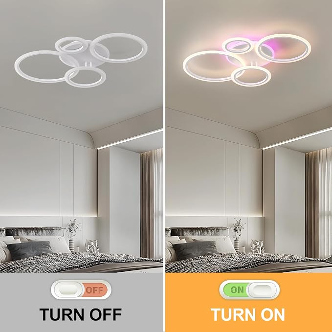 LED Ceiling Light 50W, Dimmable 4-Ring Flush Mount Fixture | Modern Ceiling Light Fixture with Remote, 3000K-6000K Adjustable, RGB Ambient Backlight, 3000LM for Bedroom Living Room