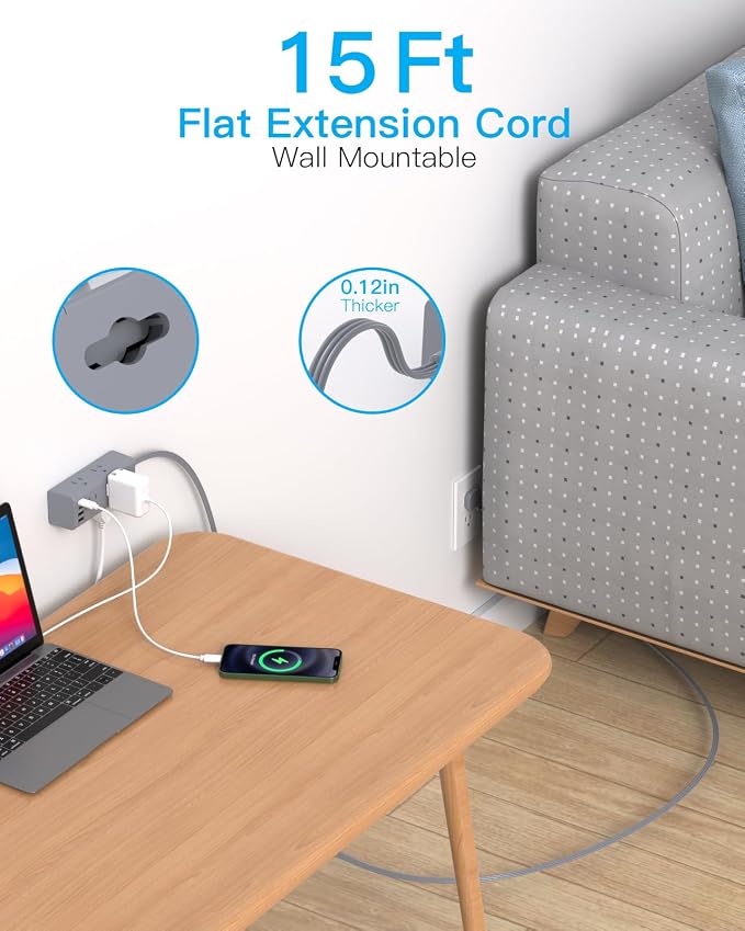 15Ft Extension Cord with Multiple Outlets, Flat Plug Power Strip Surge Protector with 15 Ft Long Cord, 6 Outlet 4 USB Ports (2 USB C), Multi Outlet Wall Plug for College, Dorm Room Essentials(Grey)