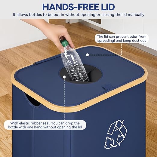 Recycling Bin for Kitchen, 26 Gallon 100L Indoor Home Recycle Bin with Lid and 2 Removeable Reusable Inner Bags, for Bottles, Cans, Glass, Plastic & Stickers, Blue