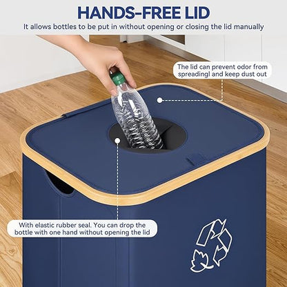 Recycling Bin for Kitchen, 26 Gallon 100L Indoor Home Recycle Bin with Lid and 2 Removeable Reusable Inner Bags, for Bottles, Cans, Glass, Plastic & Stickers, Blue