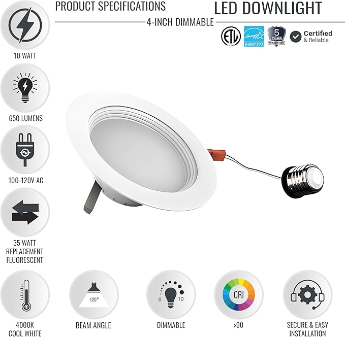 LEDMyplace Pack of 12 Recessed Lighting - 10W Round Dimmable LED Can Lights, 650 Lumens, 4000K Cool White Baffle Trim Recessed Downlight, Energy-Efficient LED Fixture for Home, Office, and Bedrooms