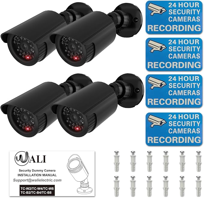 WALI Fake Security Camera with Flashing Red Light, 4 Pack, Black（TC-B4）
